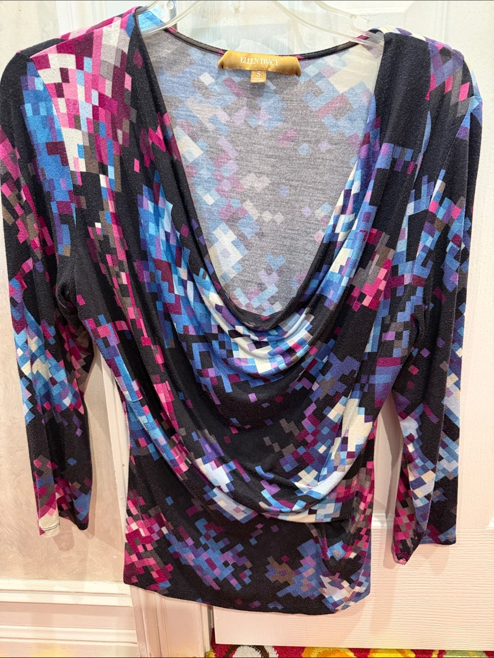 Ellen Tracy Black Geometric Draped Cowl Neck Top with Blue and Pink Accents